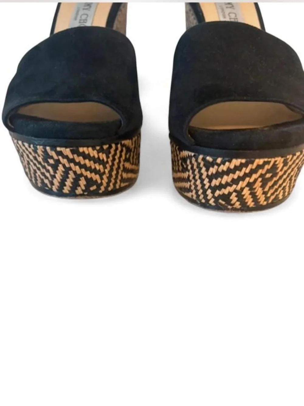 Jimmy Choo Deedee wedge sandals black suede uppers, woven platform size 8.5/38.5